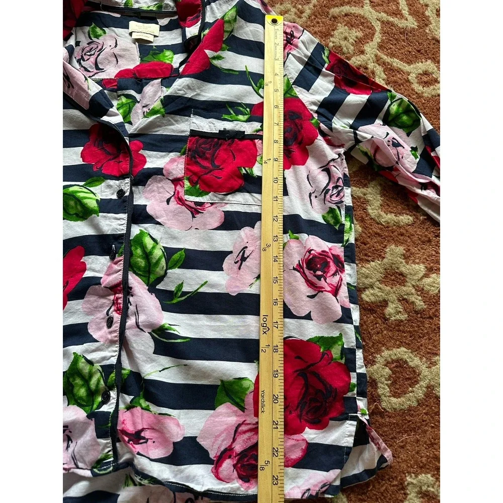 Kate Spade Roses Stripe Pink Floral Navy Blue Striped Pajama‎ Button Top L Large